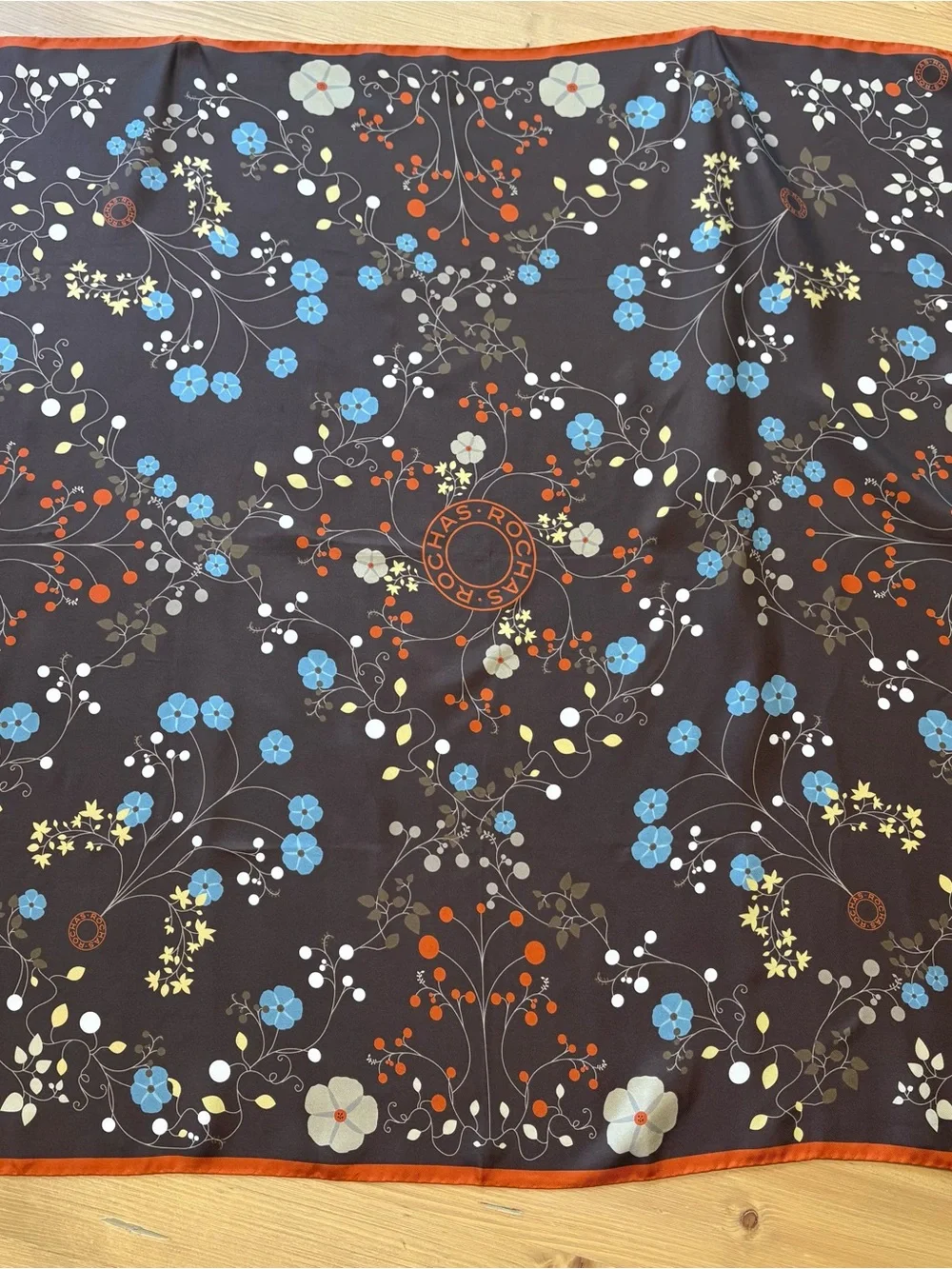 Rochas Brown Floral Silk Scarf with Blue, Orange, Yellow Accents